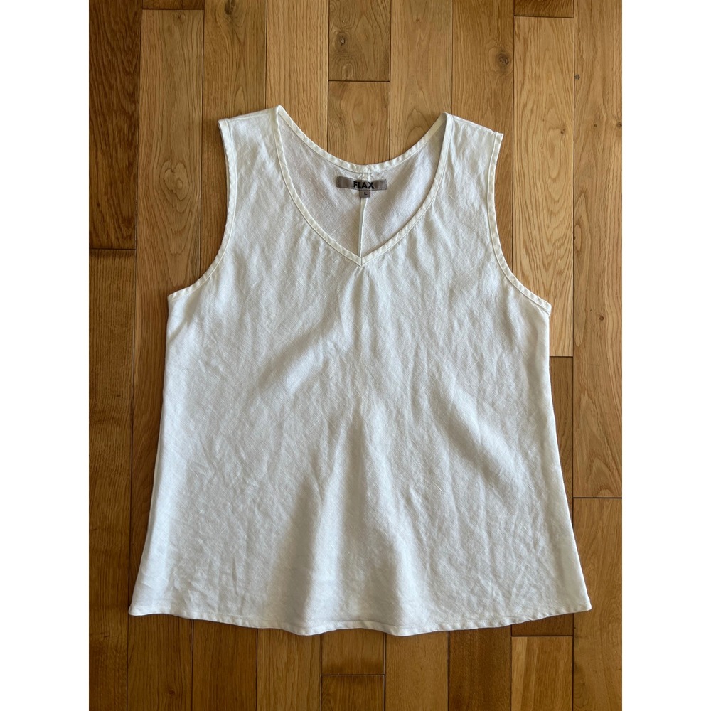 Flax 100% Linen Sleeveless A Line Tank Top White V Neck Size Large